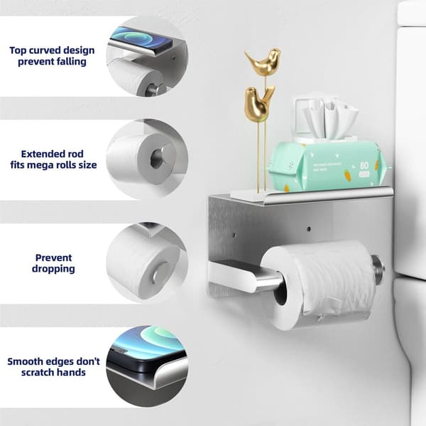 Toiletpapirholder i børstet nikkel til vægmontering med hylde til ekstra store ruller, rustfrit stål, rustfri til badeværelset