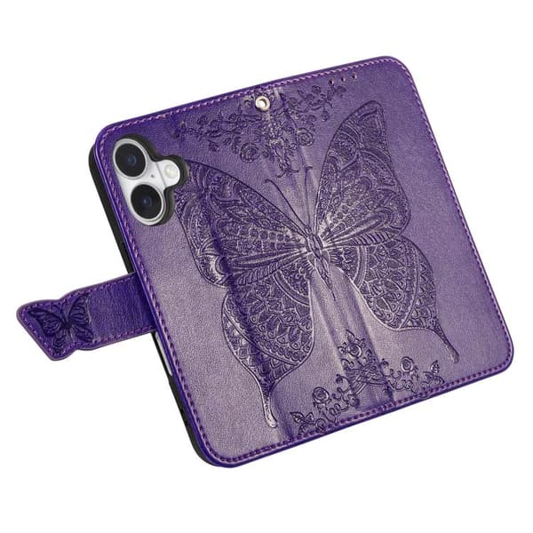 iPhone 17 Skinnveske med preget sommerfuglblomst Purpur