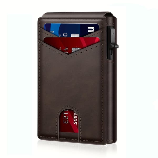 Dark Brown Men's Wallet with Carbon Fiber Texture, RFID Blocking Bifold Wallet with Automatic Pop-up Card Slot, Compact with Magnetic Closure