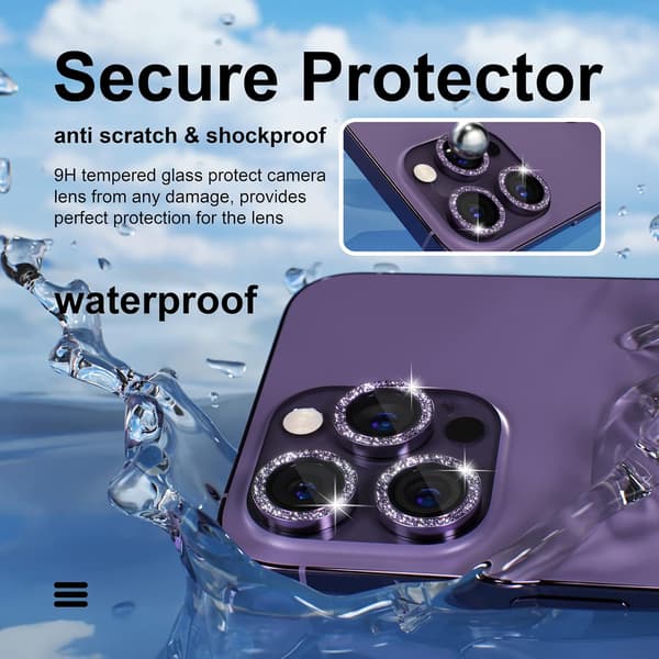 [3+1] for iPhone 14 Pro/iPhone 14 Pro Max Camera Lens Protector Bling, 9H Tempered Glass Camera Screen Protector Metal, Purple Glitter