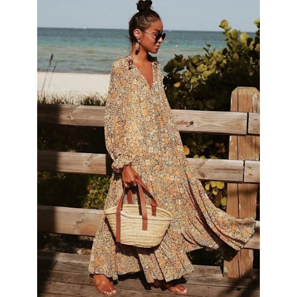 Boho Casual Lang Swing Kjole Maxikjole i Khaki[ZHE] Khaki M