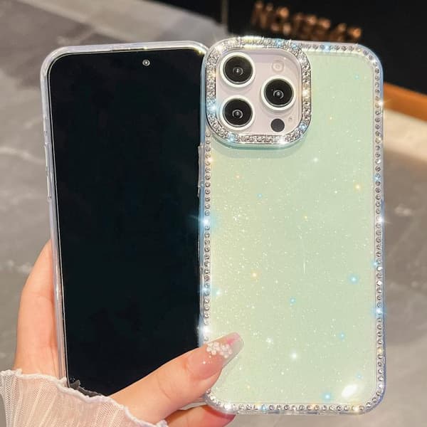 iPhone 17 Pro-deksel med Rhinestone-glitter og 4-hjørners anti-fall Vit
