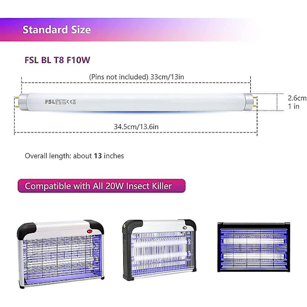Fsl T8 F10w Bl Ersättningslampa för Myggdödare, 34,5 cm UV-rör för 20w Myggdödare/Insektsskydd (2-pack)