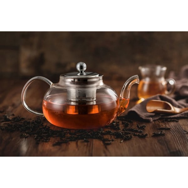 Glas tekande med aftageligt låg og infuser i rustfrit stål