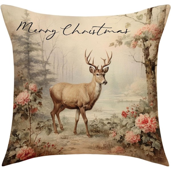 4 stk Merry Christmas putetrekk julegaver juletre firkantede putetrekk lin stoff glidelås putevar (18x18 tommer)
