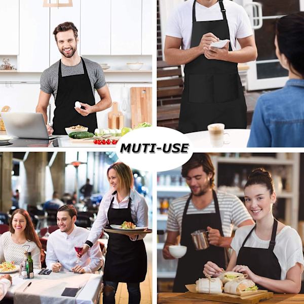 4 kpl mustia essuja, joissa 2 taskua, unisex-keittiöessut [ZHE]