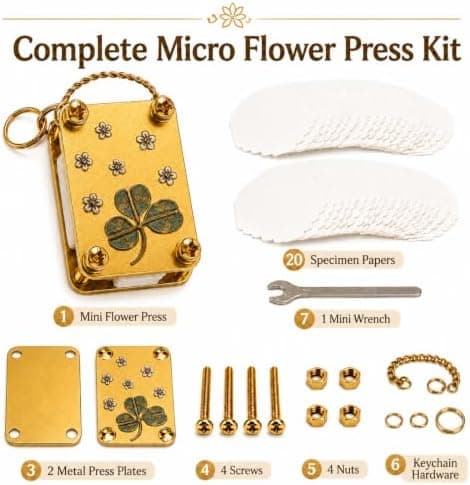 Mini Flower Press Keychain - Handmade Gold Metal Micro Press with 20 Sheets