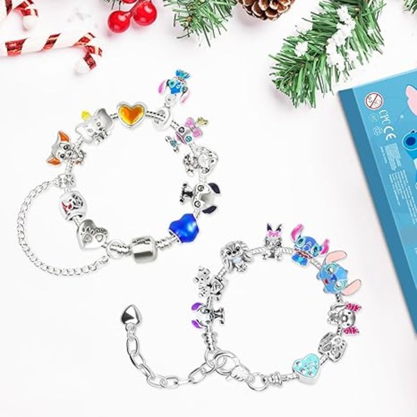 Julekalender 2024 Piger, 24 Dages Julekalender med 2 Armbånd og 22 Unikke Tegneserie-Charm Perler, Julegaver til Piger