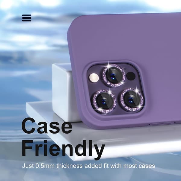 [3+1] for iPhone 14 Pro/iPhone 14 Pro Max Camera Lens Protector Bling, 9H Tempered Glass Camera Screen Protector Metal, Purple Glitter
