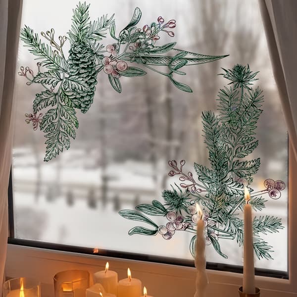 Christmas Window Decorations, Pine Branches, Self-Adhesive, Winter Plants, Christmas Decorations, Christmas Window Decals
