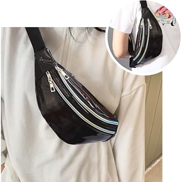 2 st Holografisk Midjeväska, Iridescent Magväska, Glänsande Bältesväska Vattentät för Sport, Resor[ch] Black,Silver