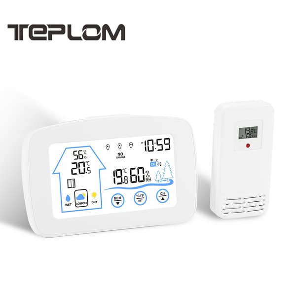 Trådløst indendørs udendørs termometer hygrometer med touchscreen og baggrundsbelysning 【Svart】