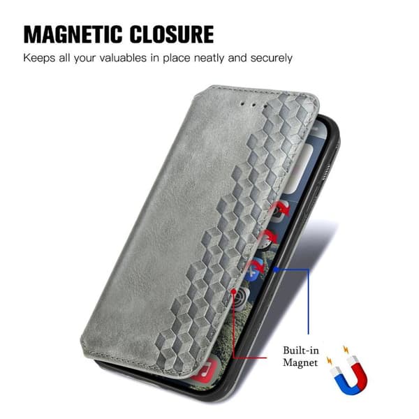 iPhone 17 Lædercover med magnetisk lukning og gitterdesign Grå