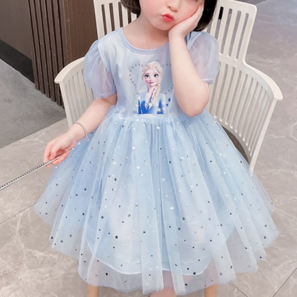 Jente Frozen Elsa Prinsesse Barn Bomull Gaze Bursdagsfestkjole blå blue 130cm
