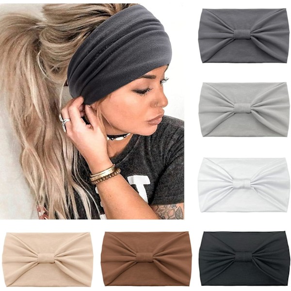 6 stk. Boho Brede Hårbånd for Kvinner, Myke Elastiske Turban Hårbånd