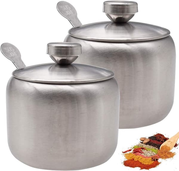 Sukkerskål i rustfrit stål, 2 stk. med låg og ske, til salt, sukker, kaffe, te, krydderier