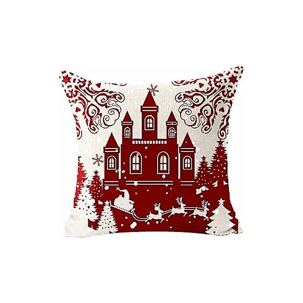 Putetrekk God Jul Sett med 4 Bomull og Lin Putevar Jul Vinter Elg Slott Snømann Mønster Dekorasjon for Sofa Soverom Hjem 45 x 45 cm