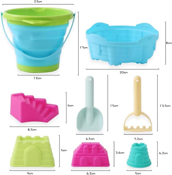 Compact 8-piece foldable bucket set with shovel, rake, double sifter for shark teeth or shells, and castle molds, perfect for outdoor use Blue