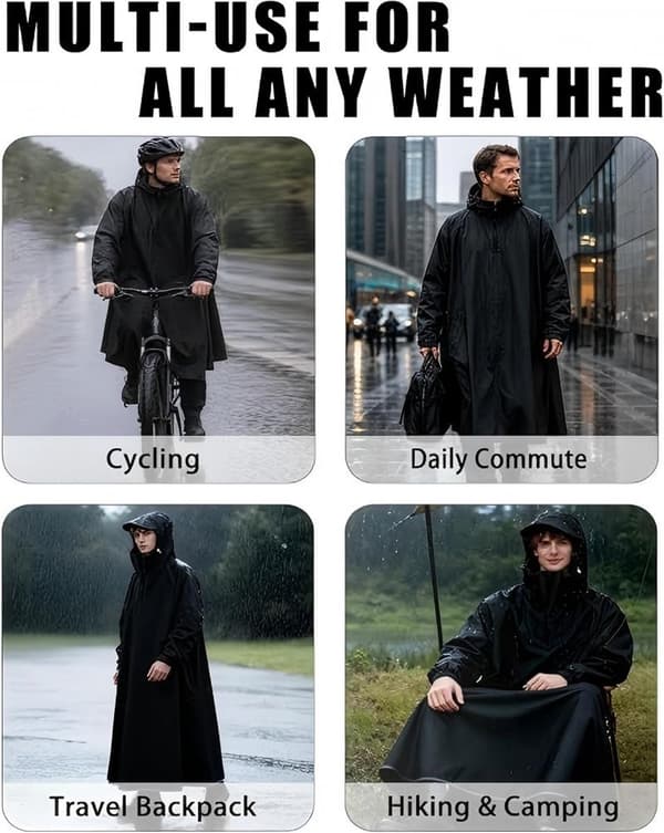 Regnponcho vandtæt med reflekterende strimler Oxford, XXL til vandreture camping cykling sort