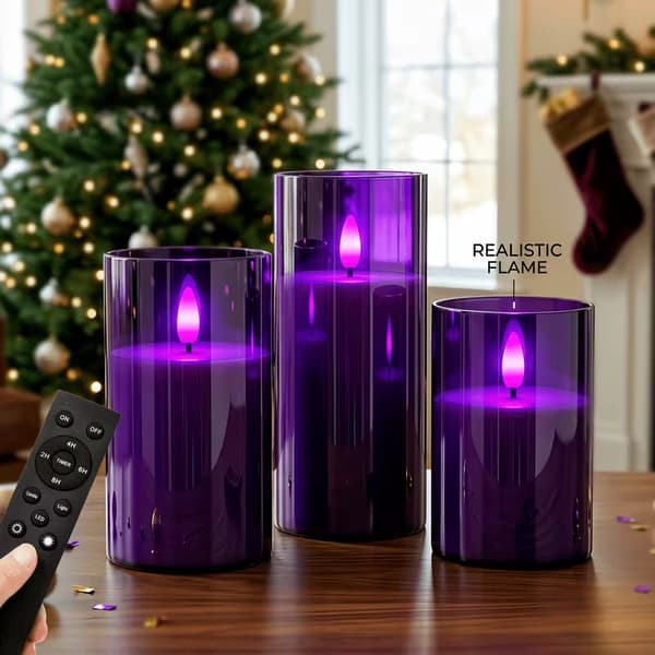 Flammefrie LED-lys med fjernkontroll, timer og dimming for borddekorasjon 3pc BlkPurp+Rem