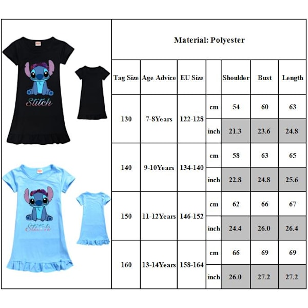 Lilo Stitch Prinsessa Nattlinne Barn Flicka Volang Sovkläder Klänning Nattkläder Pyjamas Pjs Ljusblå Light blue 160cm