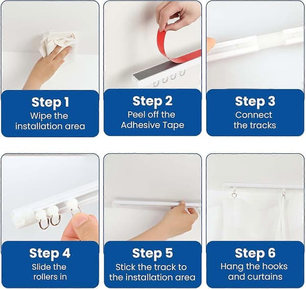 Self-adhesive curtain track 3 m Drill-free ceiling or wall mounting with strong adhesive backing