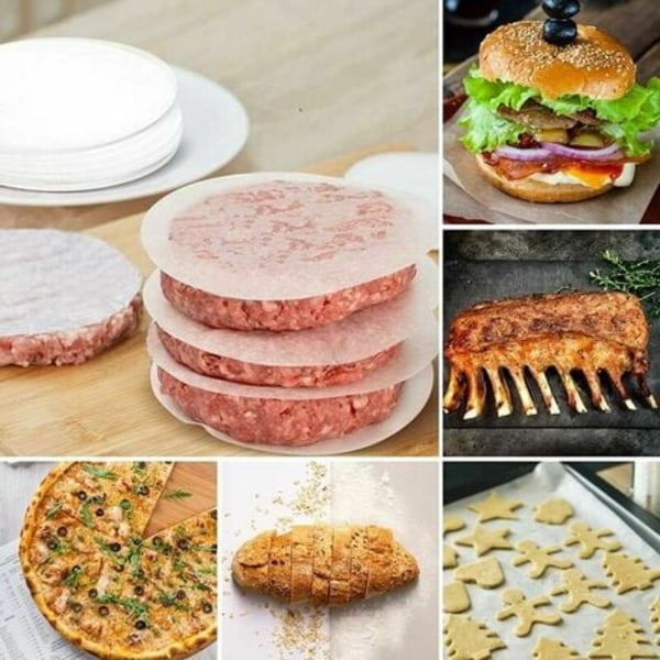 500 ark non-stick papir, diameter 12,5 cm, strimlet biff hamburgerplate