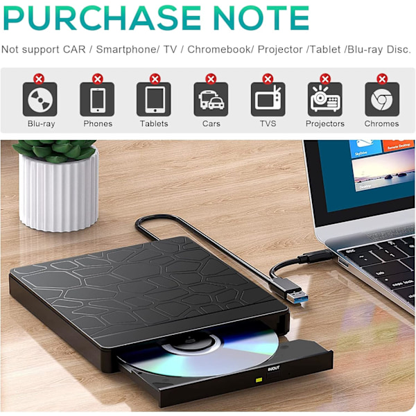 Ekstern CD DVD-enhed til Windows 11 10 Laptop, USB 3.0 og Type-C Bærbar CD DVD +/-RW ROM-enhed B