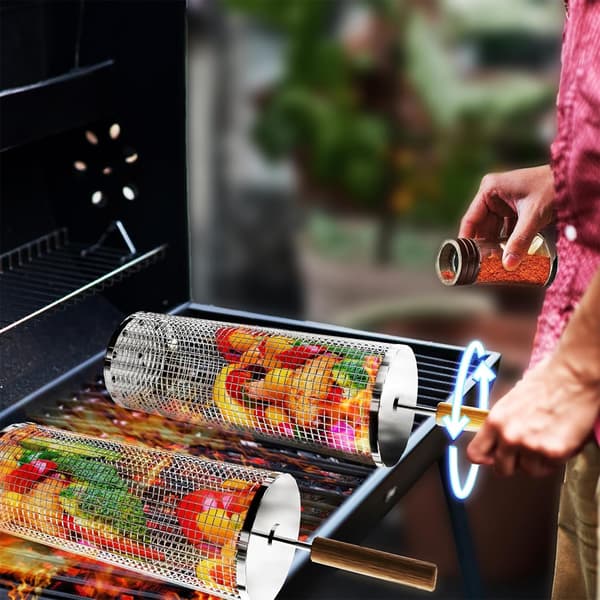 2-pakke 304 rustfritt stål utendørs BBQ-kurv med trehåndtak, stålgren, krok, for campingkullgrill
