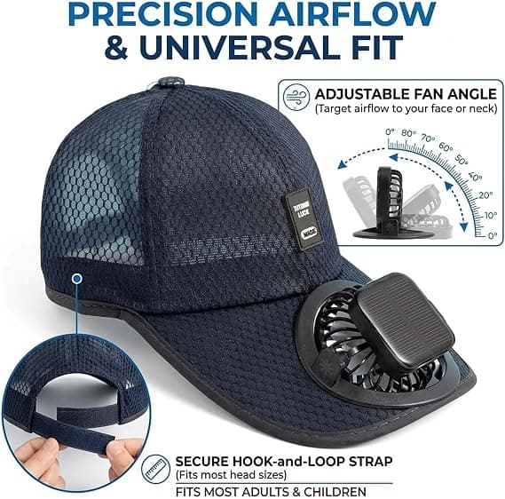 Solar Powered Fan Cap, USB Rechargeable Baseball Cap, 3 Speeds for Women & Men Outdoors White