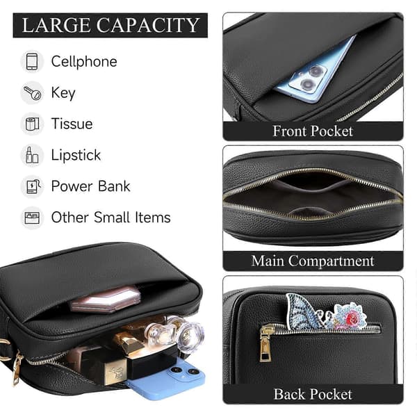 Women's Shoulder Bag, Small Leather Crossbody Bag, Ladies Handbag, Shoulder Bag with Replaceable Wide Guitar Strap Black