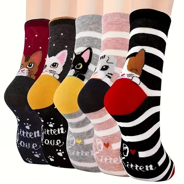 5 par dame dyrekatte sokker nyhed crew sokker strik polyesterblanding One-size Mix