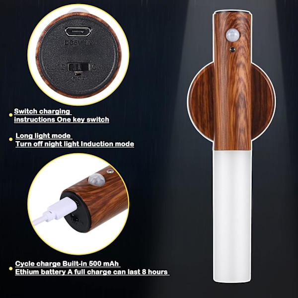 2 st rörelsesensor nattlampa magnetisk vägglampa USB LED-lampor uppladdningsbar stick trådlös trappa inomhus trävägglampor med stort batteri