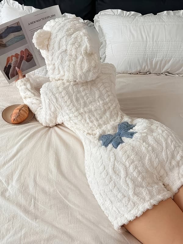 Bodysuit med dyrehette og sløyfebroderi for kvinner, vinterfleece-onesie XXL Off-white