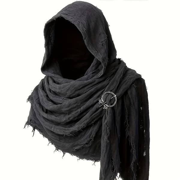 Hætteklædt kappe-sjal med broche, hør cosplay-sæt til mænd og kvinder Black