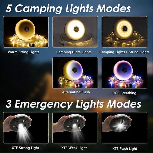 2-pack camping string lights, 4-in-1 quick storage, 8 modes 10 meter rechargeable hanging tent lamp with flashlight, work light - camping accessories