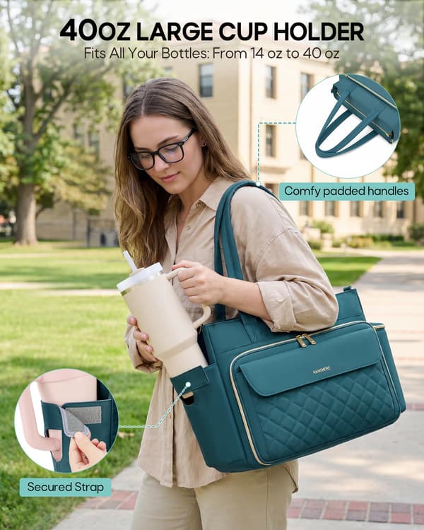 RAINSMORE Lærerveske for kvinner, 15,6\" Laptop Arbeidsveske, 40oz Koppholder