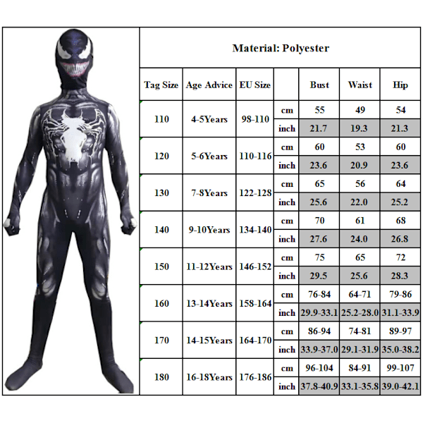 Venom Spiderman Bodysuit Voksen Barn Maskeraddräkt Superhelt Kostymer Gutter Halloween Fest Cosplay Jumpsuit Antrekk 150cm