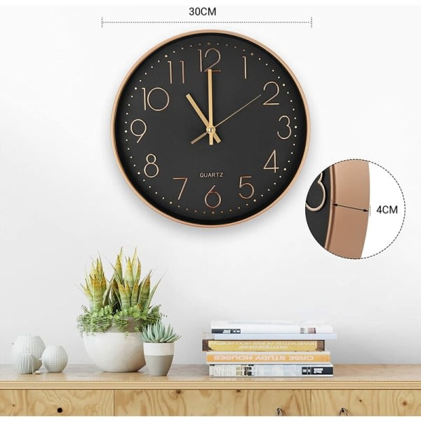 Modern Tyst Kvarts Väggklocka 30 cm, Överdimensionerade Siffror Rund Väggklocka, för Hem, Kök, Sovrum, Kontor, Skola, (Roséguld)