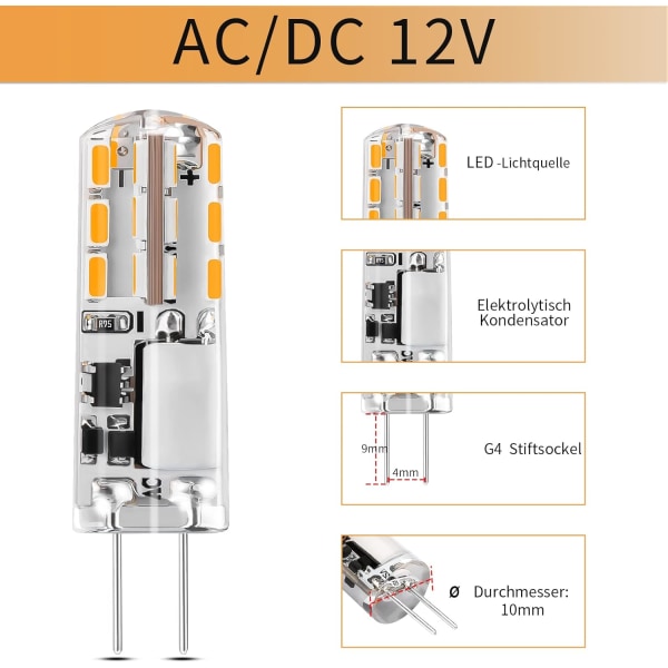 10x G4 LED-pærer 12V AC/DC Varmt Hvid 3000K 2W, Ikke Dæmpbar