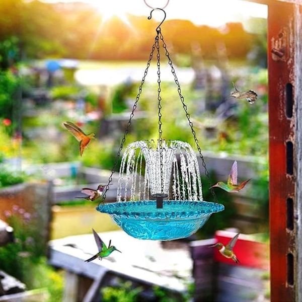 1. Hængende solcellefuglebad med springvand til have og terrasse Blå