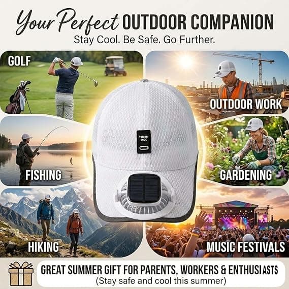 Solar Powered Fan Cap, USB Rechargeable Baseball Cap, 3 Speeds for Women & Men Outdoors Light Grey