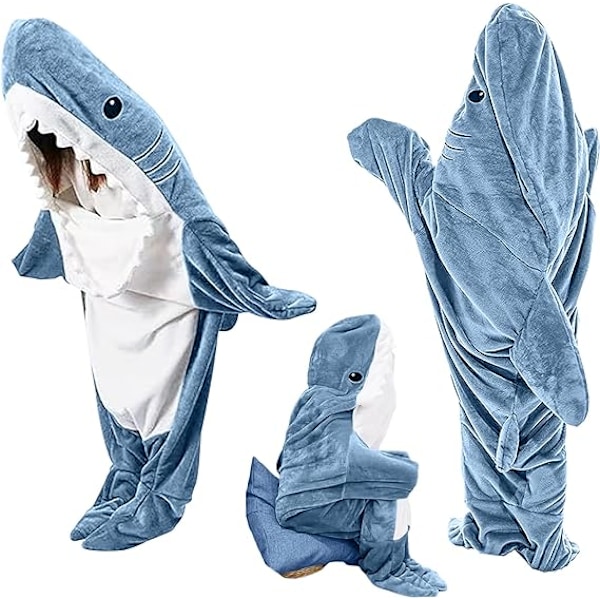 Shark fleece-hoodie onesie til voksne og børn, hyggelig flannel hajkostume hajs sovepose *H blå blue[CH] blue M