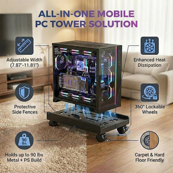 CPU-stativ med hjul, mobil PC-vogn, universell holder for gaming-PC eller kontor-PC under pulten, svart