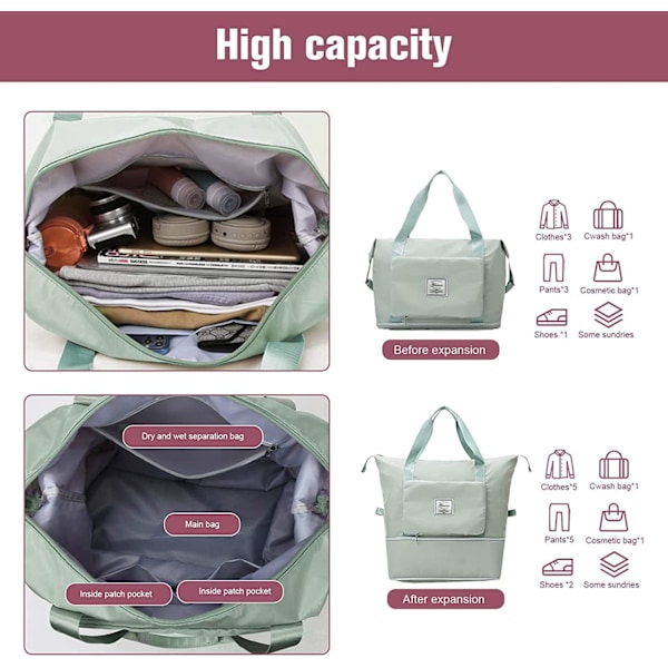 Foldbar Rejsekuffert, Letvægts Vandtæt Håndbagage med Fast Rem, Tør-Våd Separation [ZHE] green