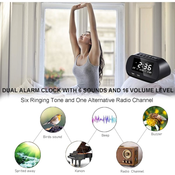 Klockradio med FM-radio, digital väckarklocka, dubbla alarm