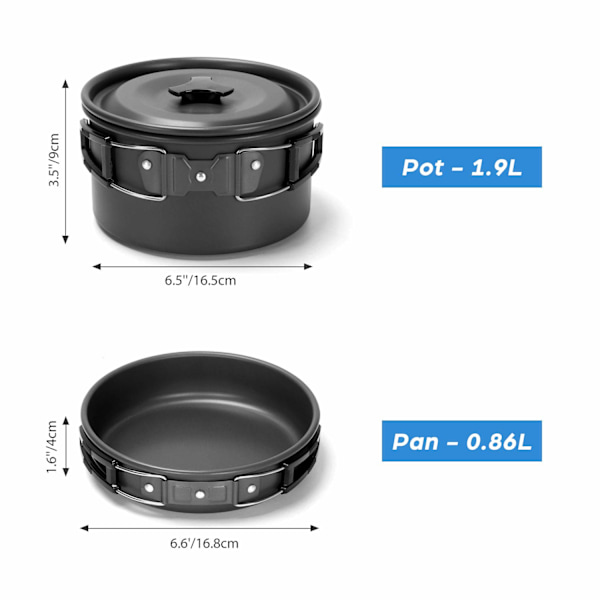 Campingkjøkkensett med sammenleggbar campingkomfyr, non-stick gryte, stekepanne og kjele sett for utendørs matlaging og piknik for 2 personer