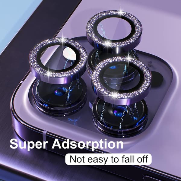 [3+1] for iPhone 14 Pro/iPhone 14 Pro Max Camera Lens Protector Bling, 9H Tempered Glass Camera Screen Protector Metal, Purple Glitter