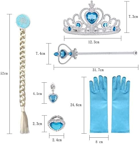Prinsesse Elsa Kostumetilbehør Sæt til Børn, Inkluderer Fletning, Tiara, Handsker og Tryllestav 6pcs - blue (braids)