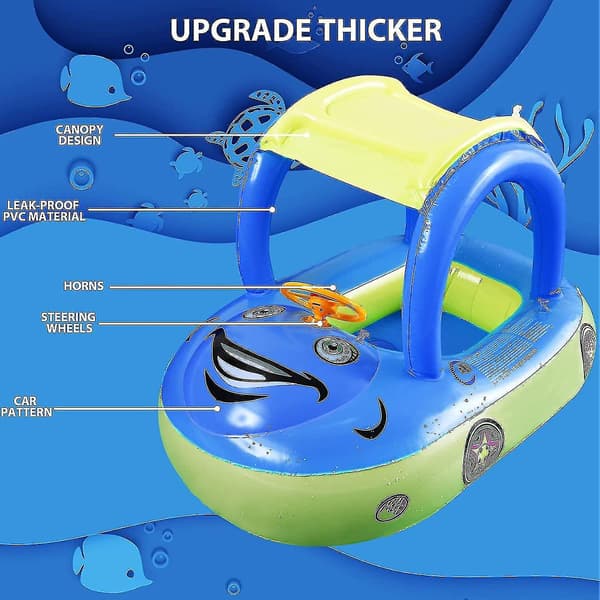 Oppustelig Baby Pool Float med Solskærm, Bilformet Svømmebåd til Spædbørn Småbørn Børn